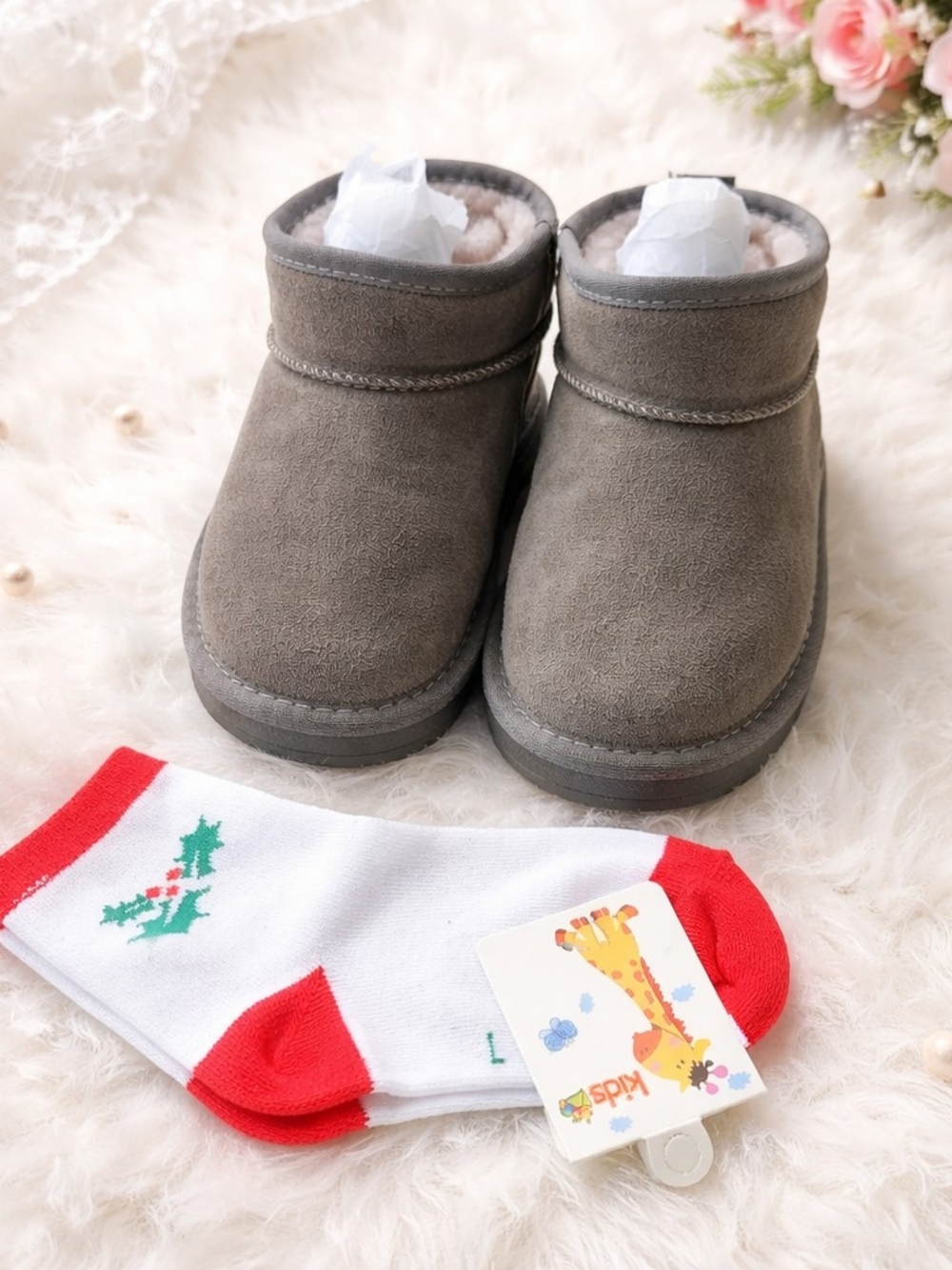 Cozy Gray Suede-Look Fuzzy-Lined Slip-On Boots For Youth